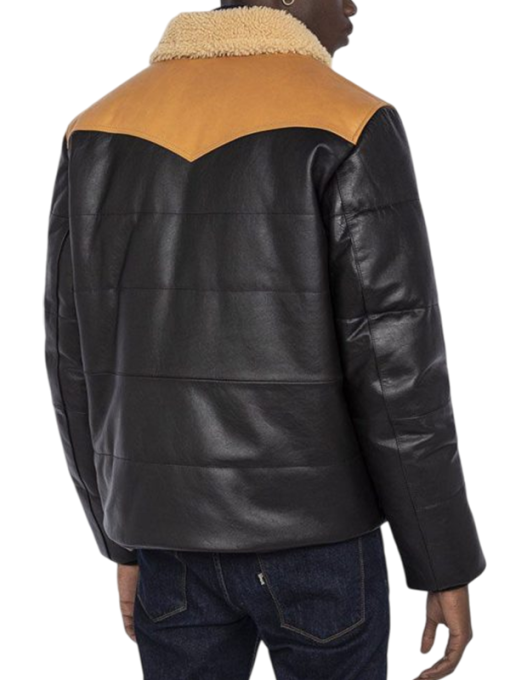 Men’s Modern Puffer Leather Jacket with Shearling Collar - Image 4