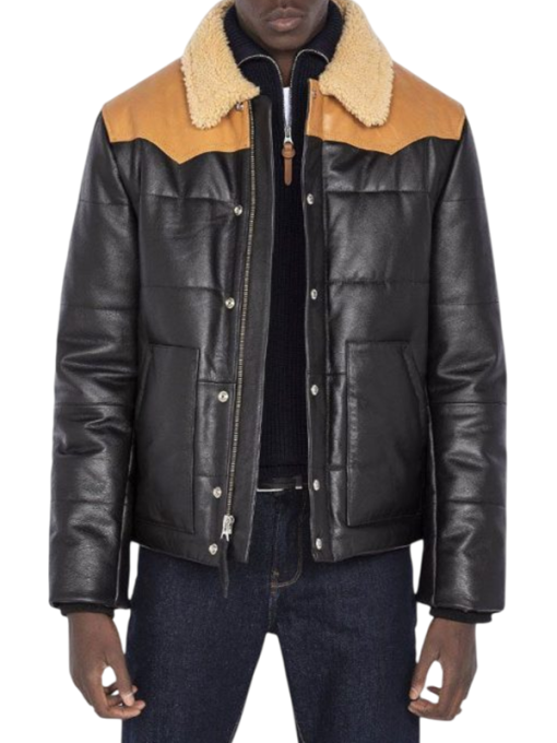 Men’s Modern Puffer Leather Jacket with Shearling Collar - Image 2