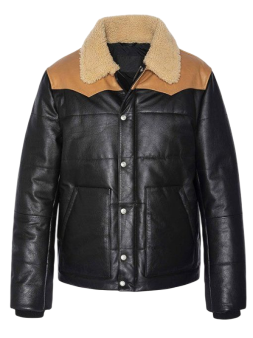 Mens-Modern-Look-Puffer-Leather Men’s Modern Puffer Leather Jacket with Shearling Collar