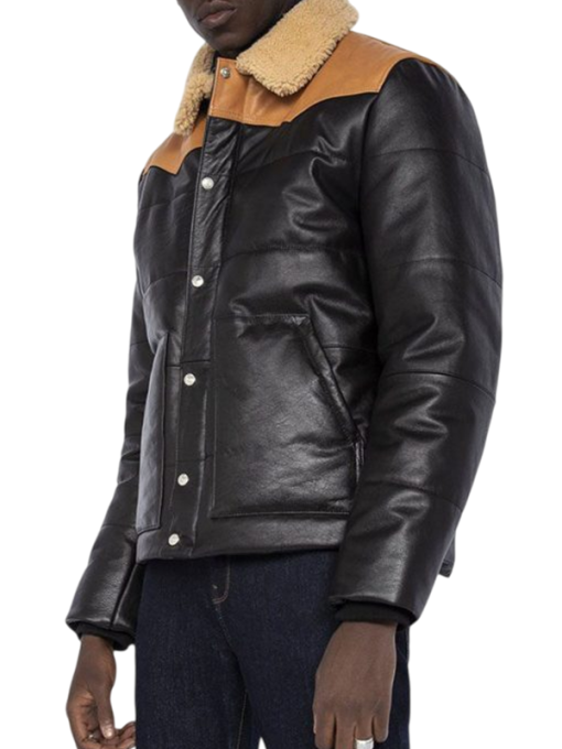 Men’s Modern Puffer Leather Jacket with Shearling Collar - Image 3