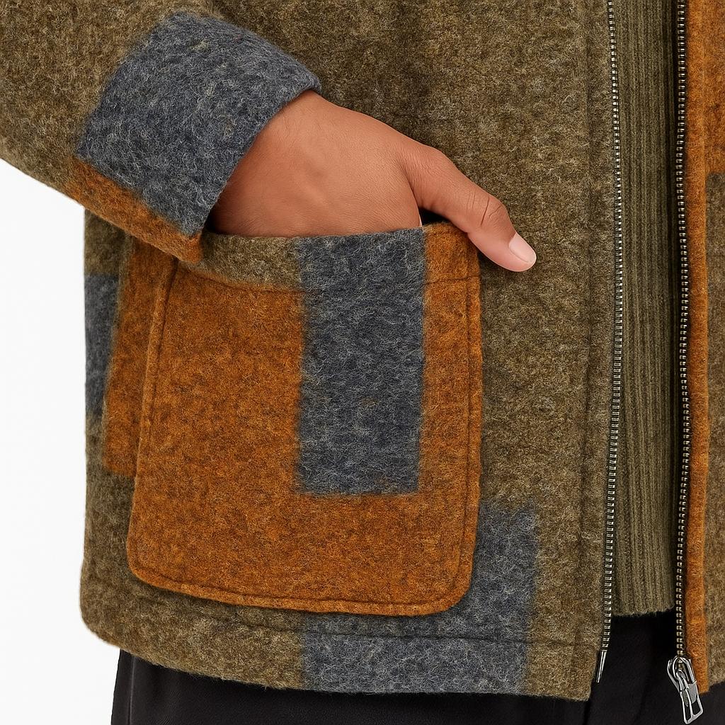 Men's Wool Blend Patchwork Zip-Up Jacket with Pockets Stylish Color Block Design for Casual Wear All Seasons Comfortable & Warm Menswear Coats Tops Fashion Beige Long Sleeve Plain - Image 5