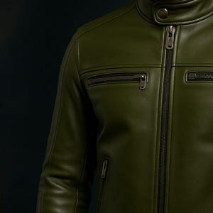 Men's Green Leather Motorcycle Jacket Handmade Slim Fit Biker Coat Casual Menswear Overall Tops - Image 3