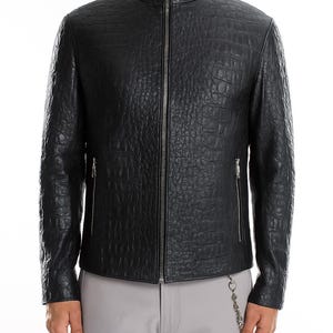 Handmade Crocodile-Texture Leather Bomber Jacket for Men