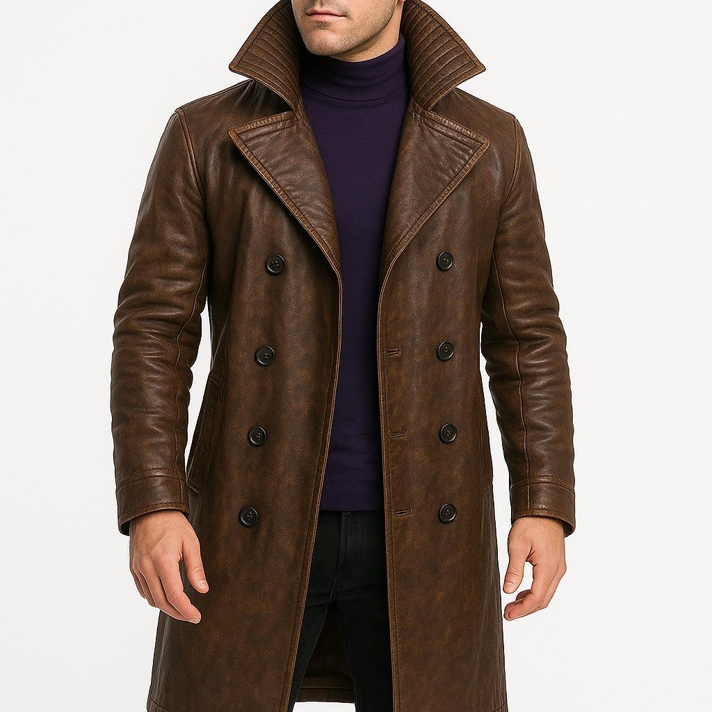 Men’s Brown Leather Double-Breasted Trench Coat