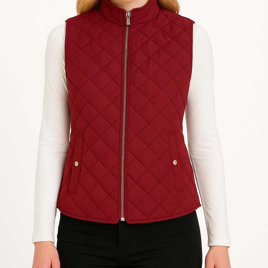 Women’s Burgundy Quilted Vest with Stand Collar & Hidden Pockets