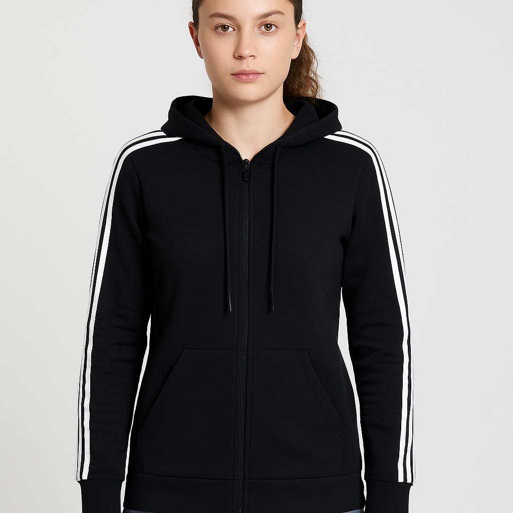 Women's Black Fleece Hoodie with White Stripes