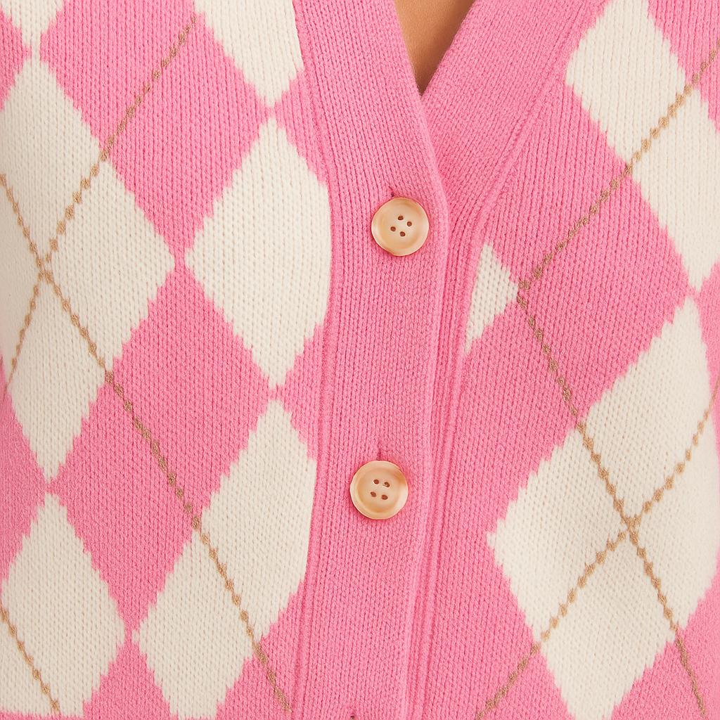 Pink and Cream Argyle Knit Cardigan for Women Long Sleeve with Gold Accents Button Front Winter Stylish Layering Knitwear Adjustable Elegance - Image 2