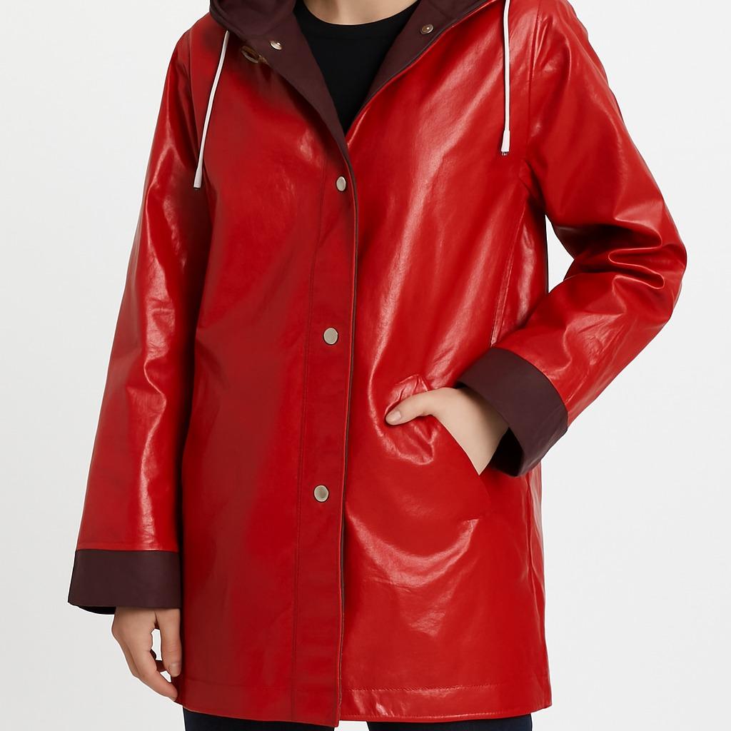 Urban Edge Red Double-Breasted Leather Jacket with Hooded Layer for Women Casual All Seasons Chic Outerwear Basic Coats Style Tops