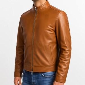 Handmade Leather Bomber Jacket Spring Varsity Cyberpunk Style Casual Classic Menswear Outfit Beige Long Sleeve Plain Varsity Design Cyberpunk Touch - Image 5