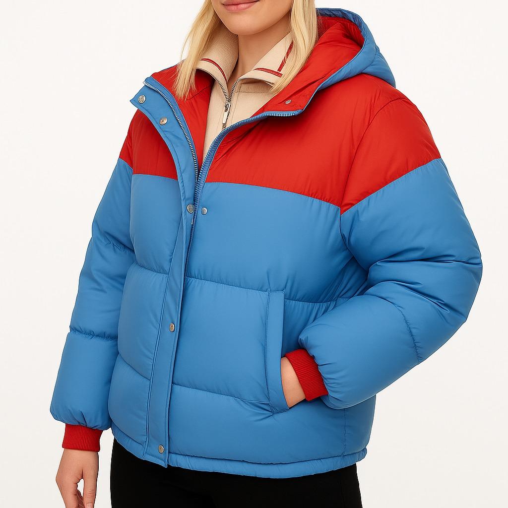 Women's Red and Blue Colour Block Puffer Jacket - Long Sleeve Casual Womenswear, Soft Material, Stylish Fit, All Seasons Outerwear - Image 3