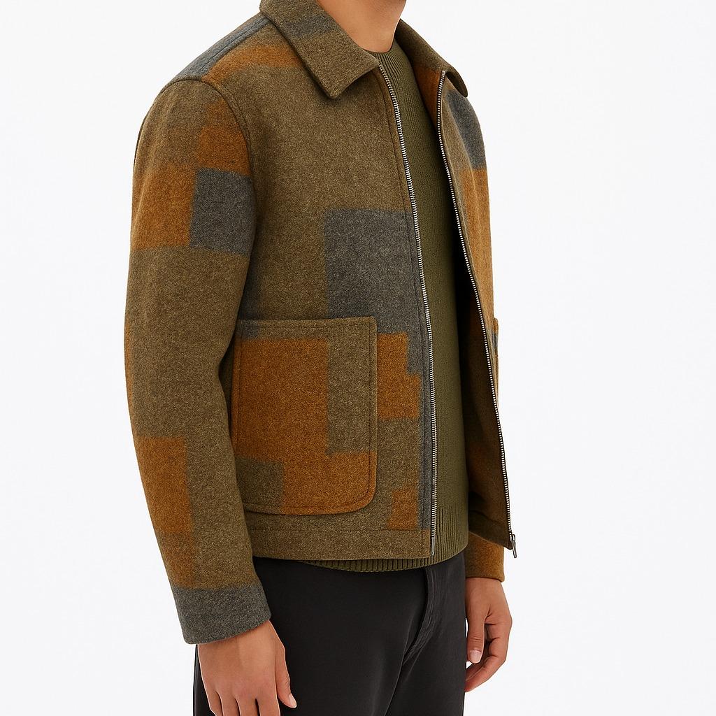 Men's Wool Blend Patchwork Zip-Up Jacket with Pockets Stylish Color Block Design for Casual Wear All Seasons Comfortable & Warm Menswear Coats Tops Fashion Beige Long Sleeve Plain - Image 4