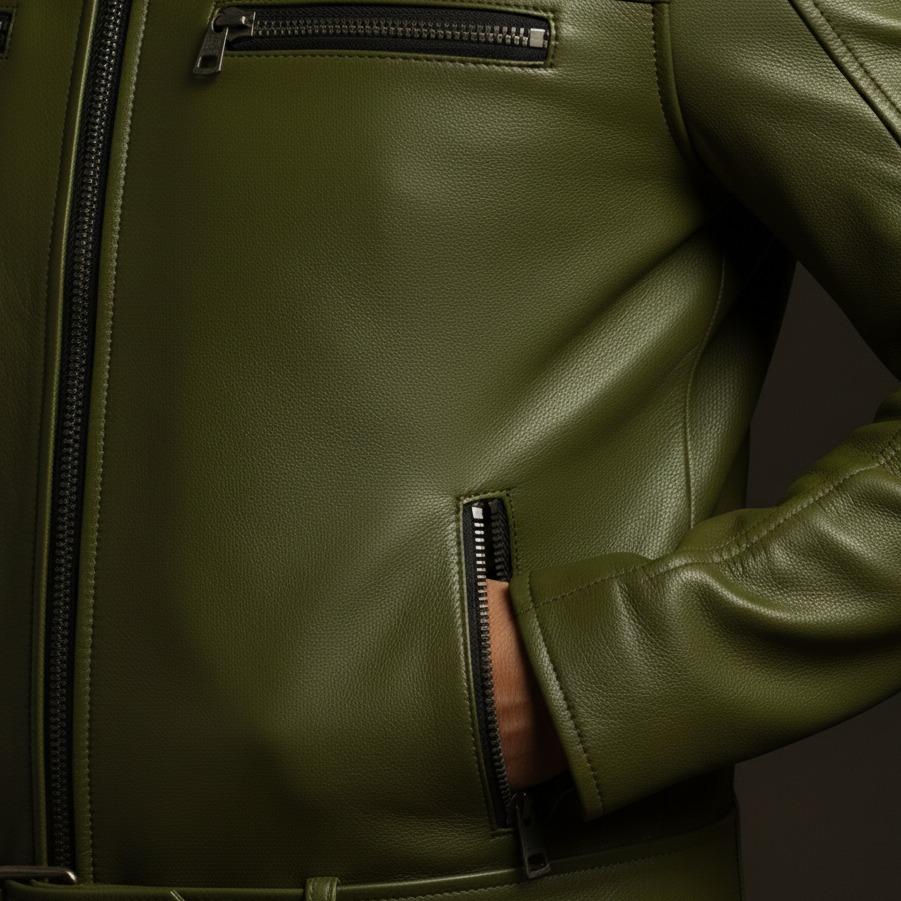 Men's Green Leather Motorcycle Jacket Handmade Slim Fit Biker Coat Casual Menswear Overall Tops - Image 5