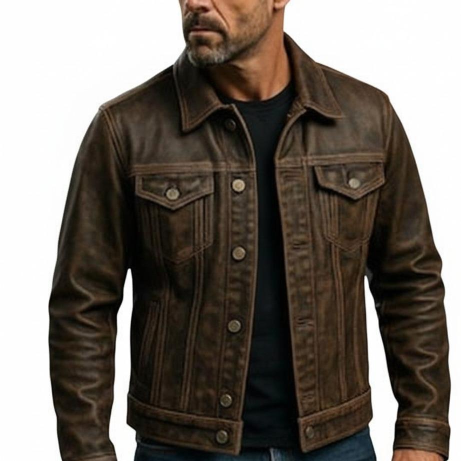 Distressed Vintage Handmade Leather Jacket Beige Plain Long Sleeve Bomber Trench Varsity Style Menswear Coats Suits Tops Classic Autumn All Seasons