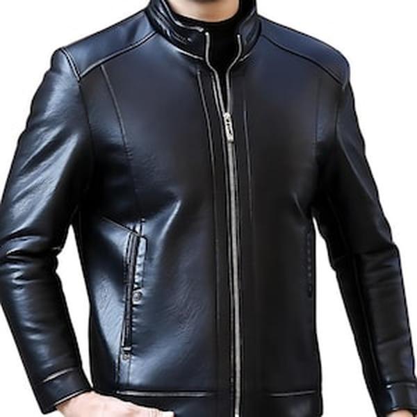 Handmade Black Leather Bomber Jacket Military Style Outerwear for Men with Zipper Closure and Pocket Details Menswear Coats Tops Long Sleeve All Seasons