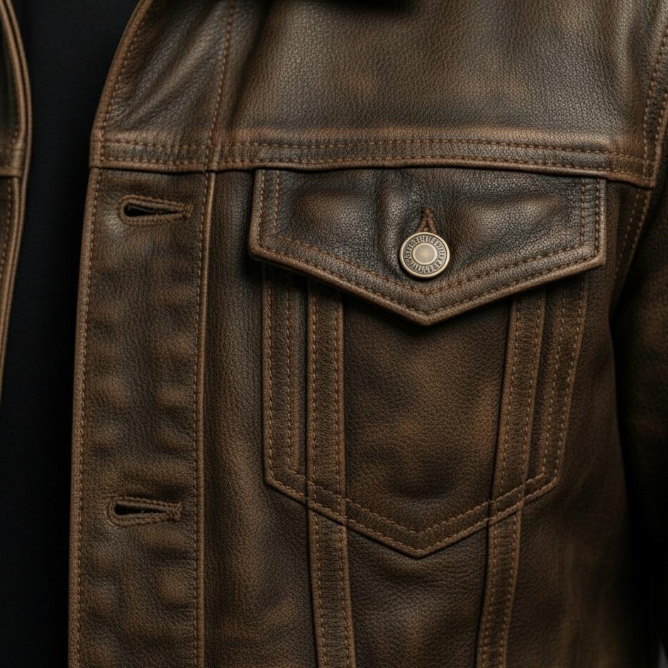 Distressed Vintage Handmade Leather Jacket Beige Plain Long Sleeve Bomber Trench Varsity Style Menswear Coats Suits Tops Classic Autumn All Seasons - Image 4