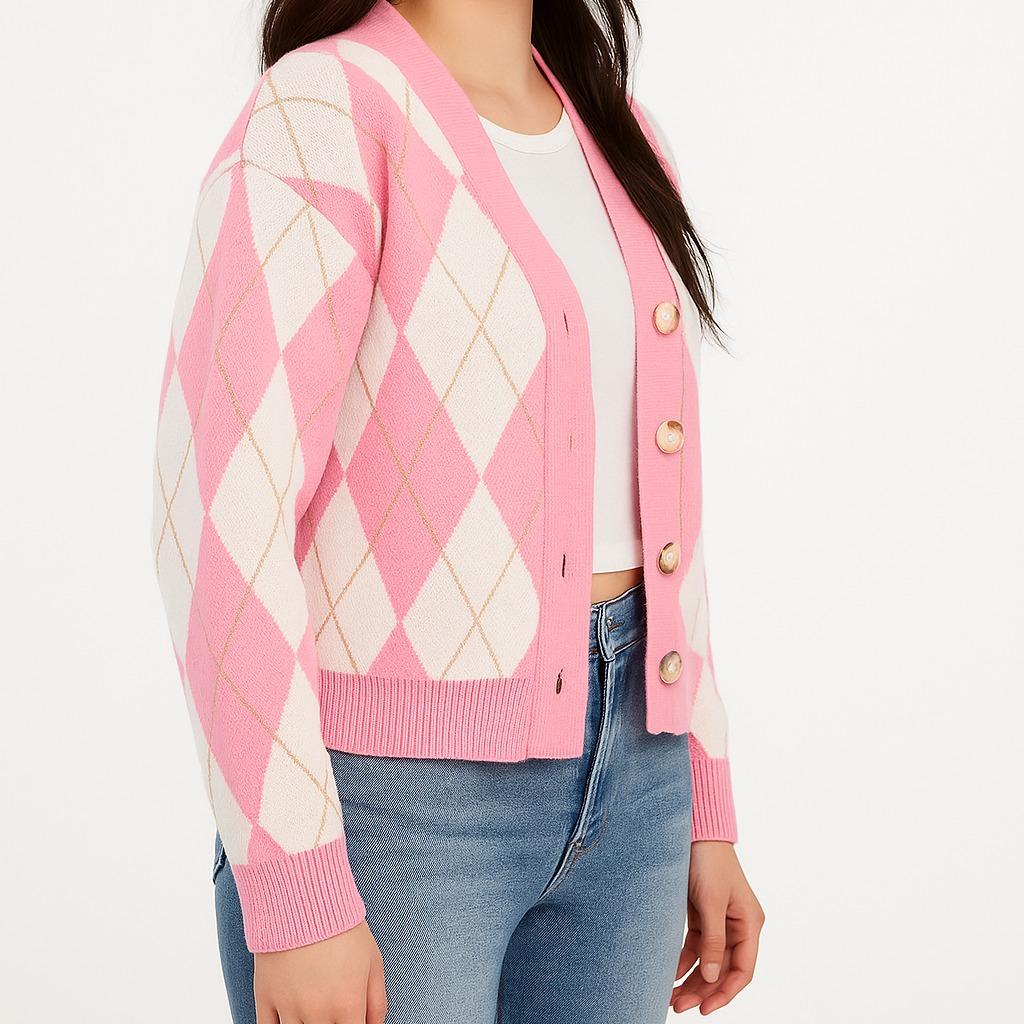 Pink and Cream Argyle Knit Cardigan for Women Long Sleeve with Gold Accents Button Front Winter Stylish Layering Knitwear Adjustable Elegance - Image 3