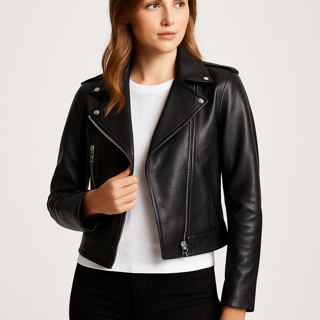 Stylish Black Leather Moto Jacket for Women Classic Fit Chic
