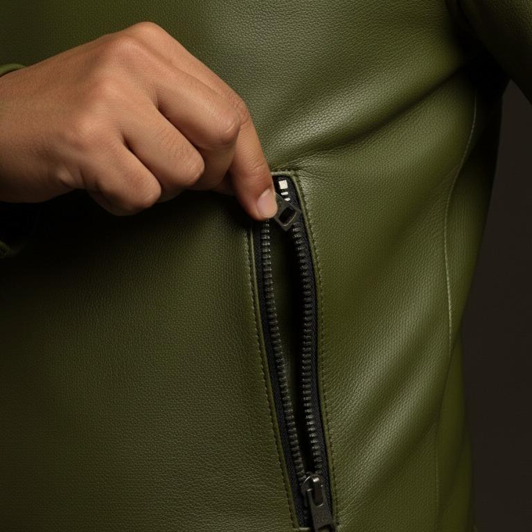 Men's Green Leather Motorcycle Jacket Handmade Slim Fit Biker Coat Casual Menswear Overall Tops - Image 6