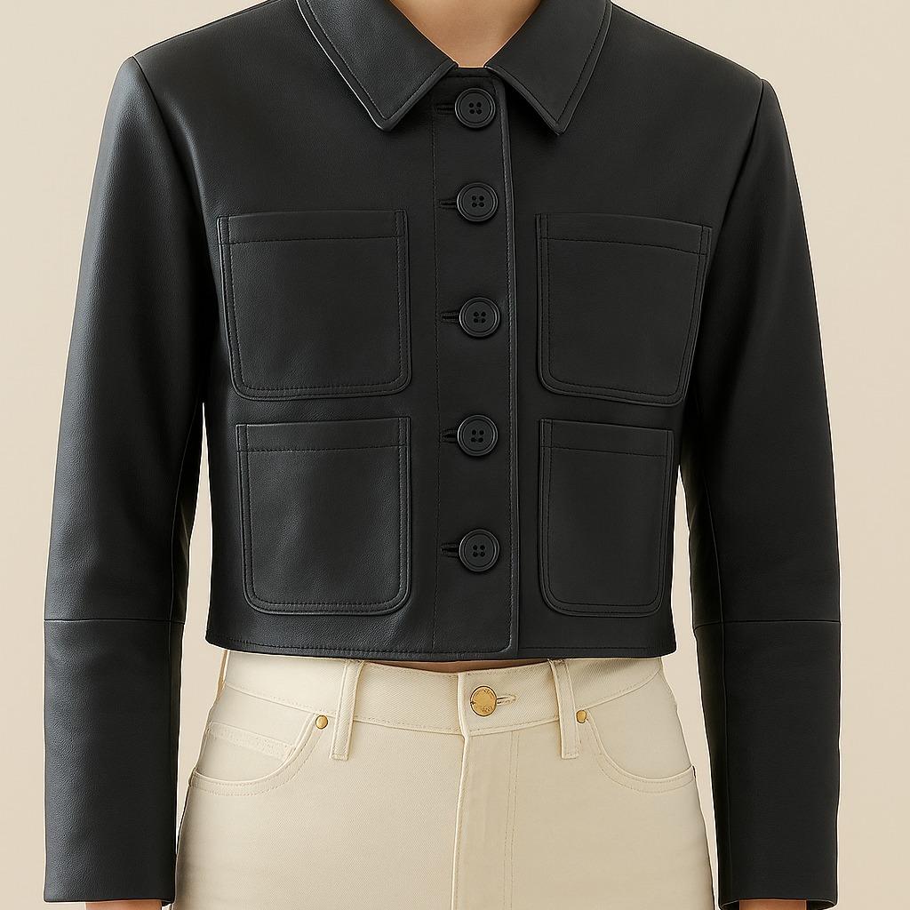 Women's Single-Breasted Cropped Jacket with Pockets & Buttons