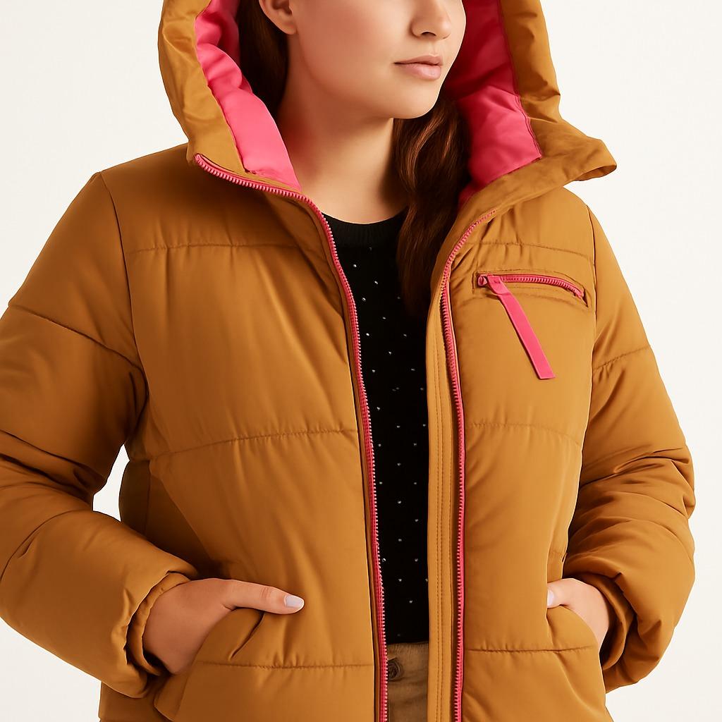 The Bold Contrast Puffer Jacket Marigold & Hot Pink Warm Puffer Design Hooded Protection Vibrant Lining Functional Zippers All Seasons - Image 6