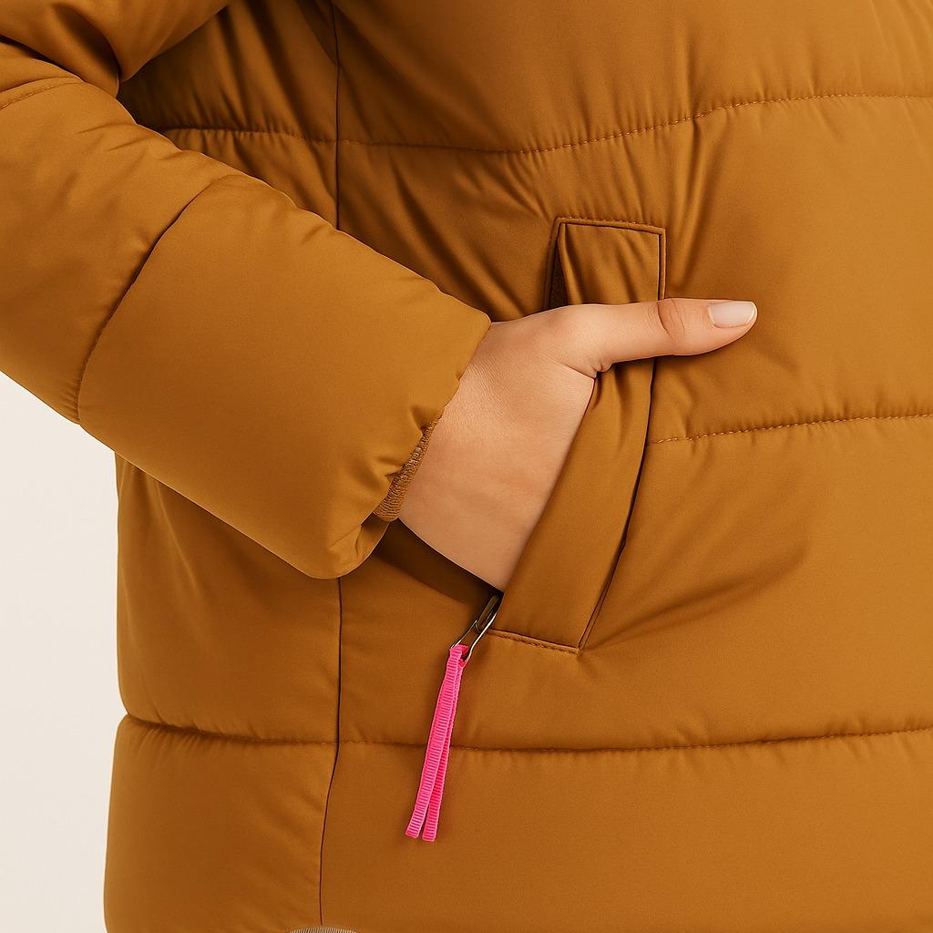 The Bold Contrast Puffer Jacket Marigold & Hot Pink Warm Puffer Design Hooded Protection Vibrant Lining Functional Zippers All Seasons - Image 5