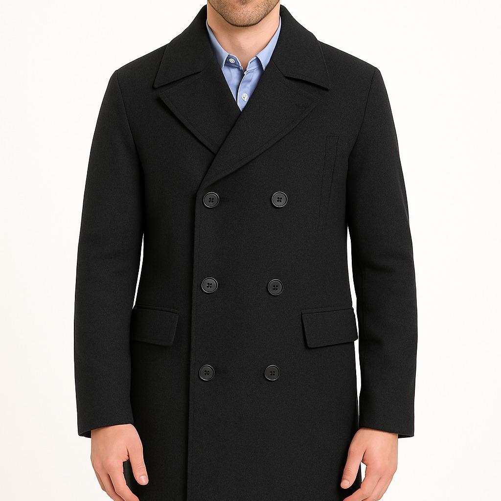 Men's Charcoal Wool Double-Breasted Peacoat Tailored Fit