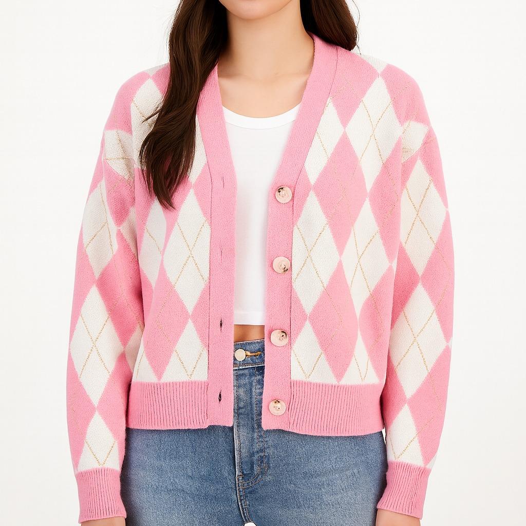 Pink and Cream Argyle Knit Cardigan for Women Long Sleeve with Gold Accents Button Front Winter Stylish Layering Knitwear Adjustable Elegance - Image 5