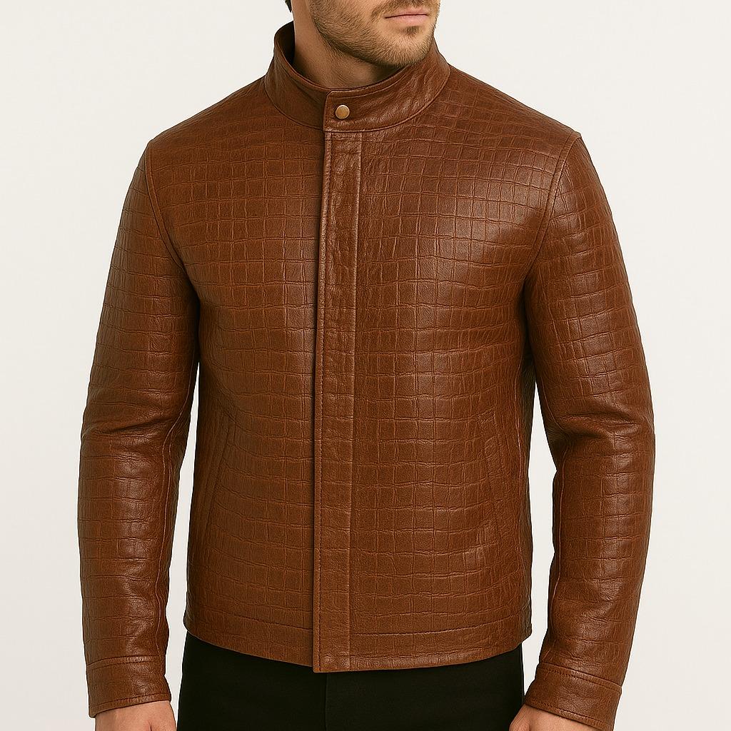 Sleek Grid-Pattern Leather Jacket in Cognac Mahogany for Men Stylish Durable Design All Seasons Versatile Fashion Casual Elegant