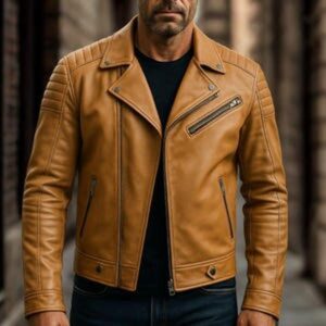 handmade-leather-biker-jacket-quilted-varsity-bomber-style-classic-menswear-coats-tops-beige-plain-long-sleeve