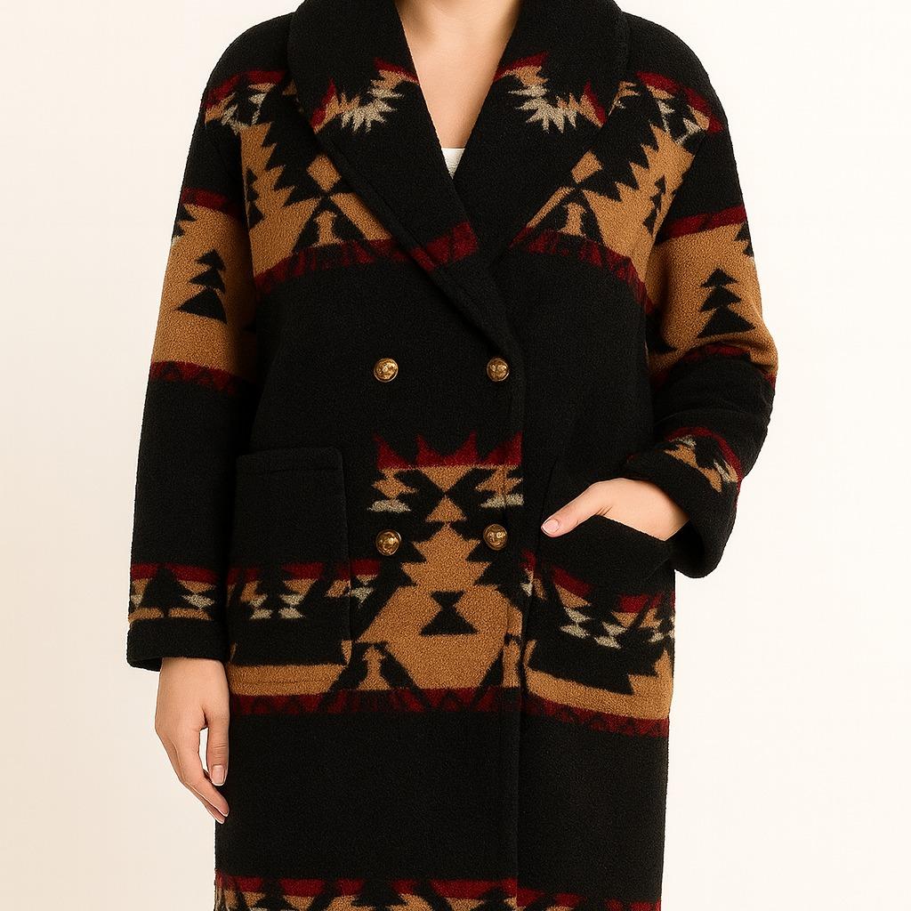 Tribal Print Long Wool Coat for Women Vintage Aztec Pattern Winter Jacket Warm Double-Breasted Cardigan Overcoat Womenswear Love Piece Tops