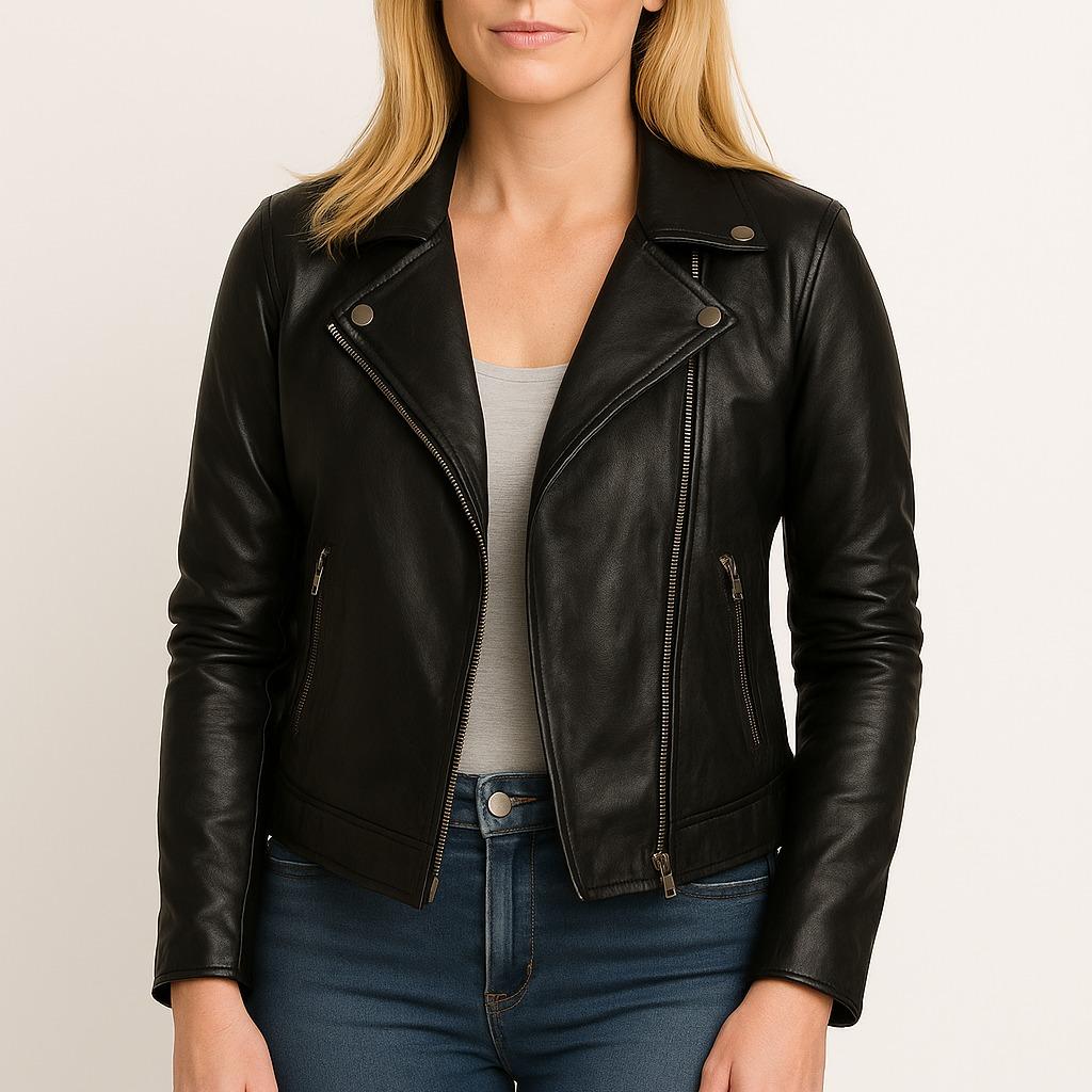 Black Leather Jacket for Women Stylish Biker Jacket with Zipper Closure & Pockets All Seasons Comfortable Fit British English Casual Womenswear Coats Everyday