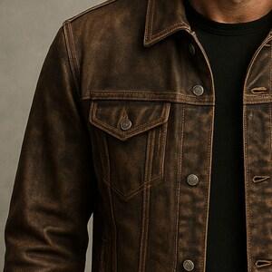 Distressed Vintage Handmade Leather Jacket Beige Plain Long Sleeve Bomber Trench Varsity Style Menswear Coats Suits Tops Classic Autumn All Seasons - Image 5