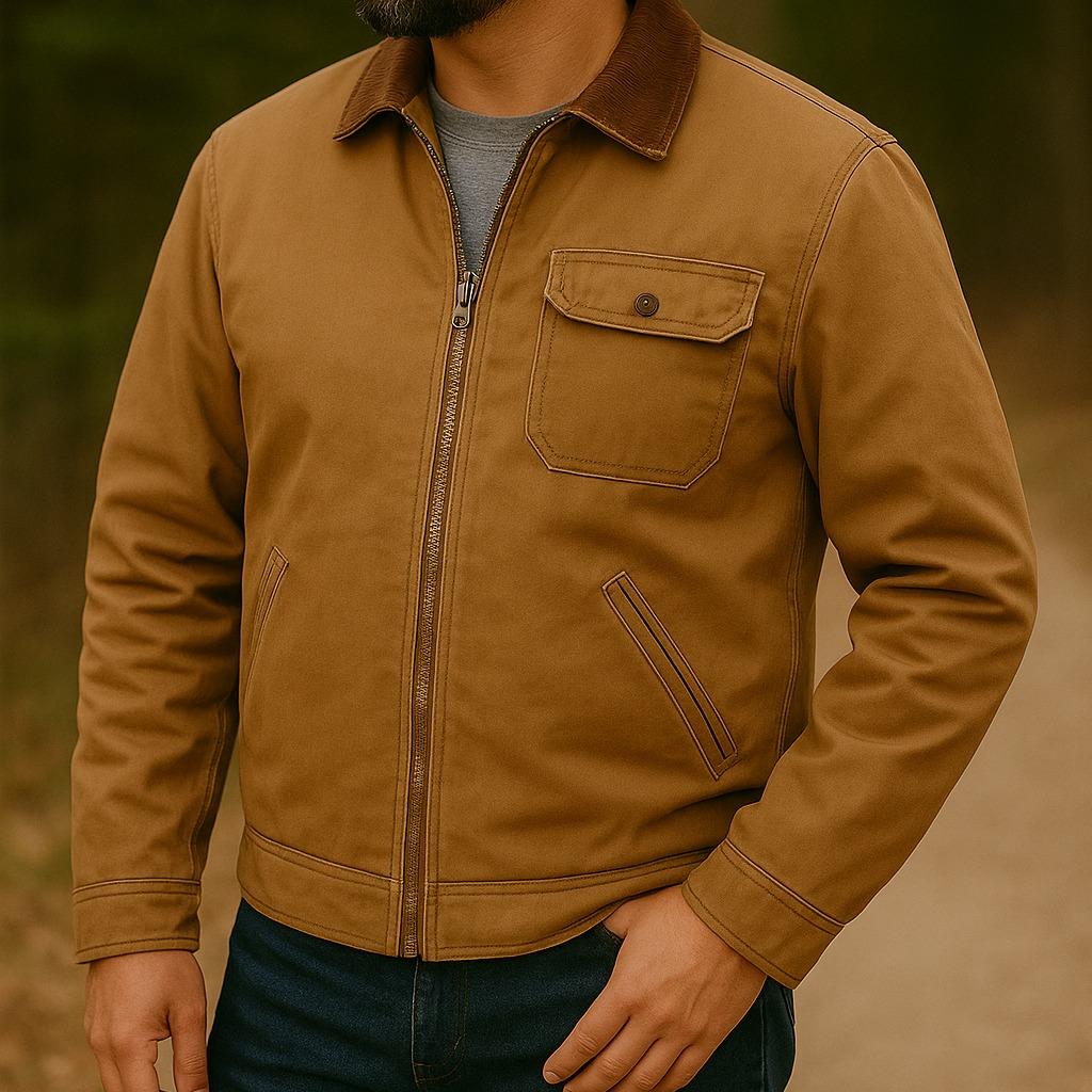 Men's Beige Cotton Workwear Jacket Long Sleeve with Pockets