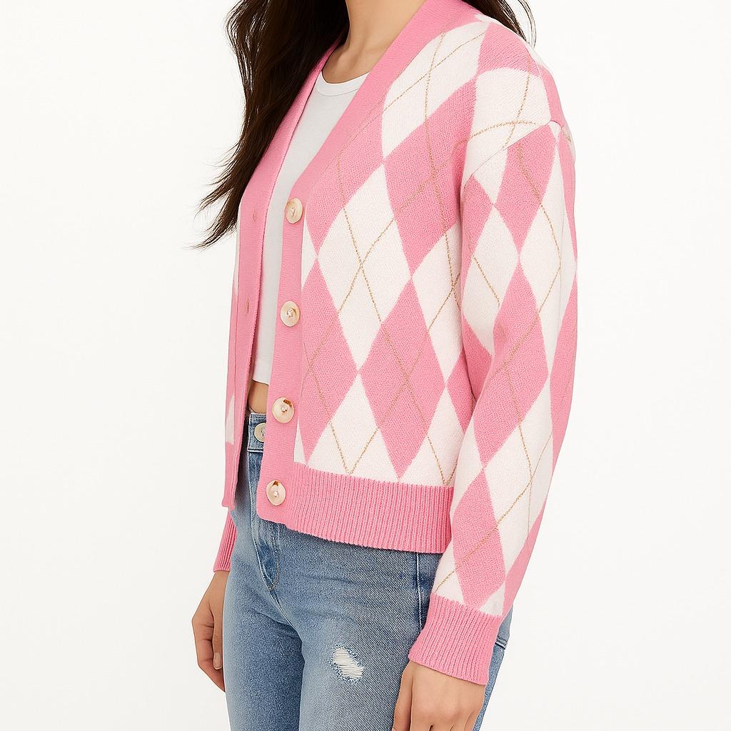 Pink and Cream Argyle Knit Cardigan for Women Long Sleeve with Gold Accents Button Front Winter Stylish Layering Knitwear Adjustable Elegance - Image 6