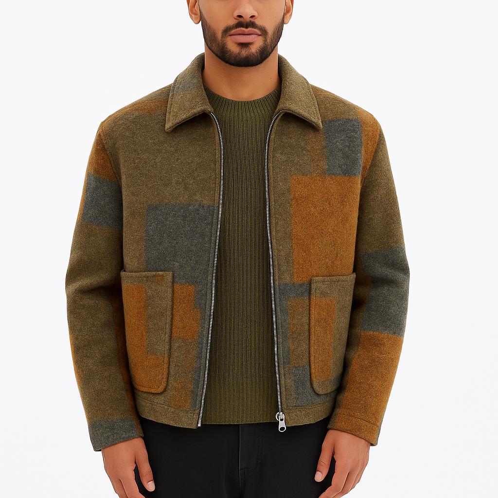 Men's Wool Blend Patchwork Zip-Up Jacket with Pockets Stylish Color Block Design for Casual Wear All Seasons Comfortable & Warm Menswear Coats Tops Fashion Beige Long Sleeve Plain