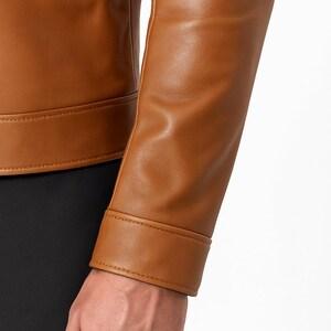 Handmade Leather Bomber Jacket Spring Varsity Cyberpunk Style Casual Classic Menswear Outfit Beige Long Sleeve Plain Varsity Design Cyberpunk Touch - Image 4