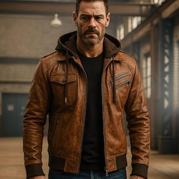 Men's Brown Leather Bomber Jacket with Hood Handmade Biker Style for Stylish Men Menswear Winter Versatile Artisanal Design Hoodie Coats Love Personalized Long Sleeve Casual Plain Tops